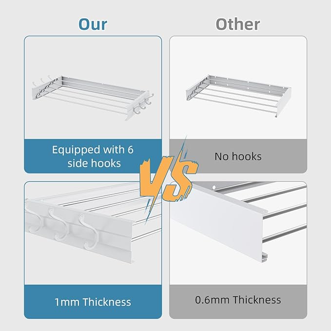 Laundry Drying Rack, Collapsible Wall Mounted Clothes Drying Rack - Foldable,Space Saving, 13.2 Linear Ft, 5 Aluminum Rods, 60 lb Capacity (White, 31.5" Wide)