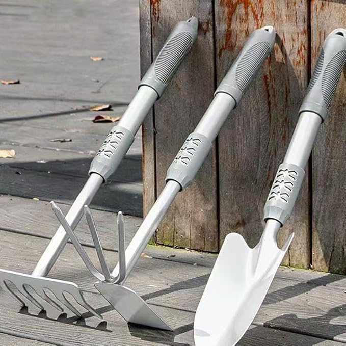 3-Piece Garden Hand Tool Set, Ergonomic Handles, Includes Trowel, Rake and Cultivator, Gray