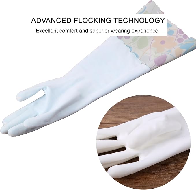 Bamllum 3 Pairs Rubber Cleaning Gloves, Household Kitchen Dishwashing Gloves with Cotton Flocked Liner, Long Cuff 16 Inches, Reusable, Non-Slip (Small, Blue+Pink+White)