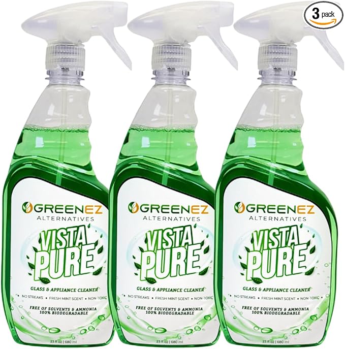 Vista Pure Glass & Appliance Natural Cleaner Spray 3 Pack | Streak-Free Window, Mirror & Surface Cleaner | Ammonia, Solvent & Toxin Free Biodegradable Formula | Mint Scented - 23oz