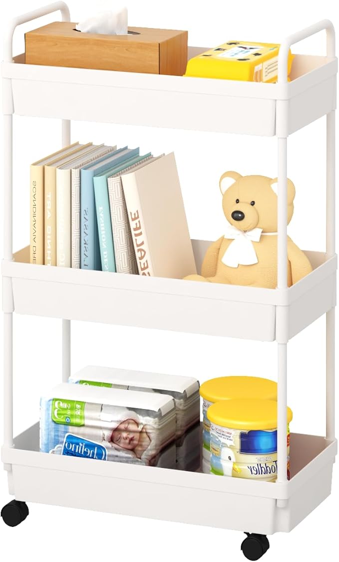 3-Tier Storage Cart，Shelf Organizer Mobile Shelving ，Utility Rolling Cart，Multifunction Movable Storage Organizer with Lockable Wheels,White