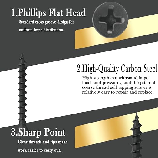 #7 x 1-3/8" Phillips Bugle Head Coarse Thread Sharp Point Drywall Screw, Self Tapping Wood Screws with Black Phosphate Coated, Ideal Screw for Drywall, Wood and Sheetrock, 90 Pieces