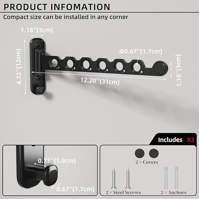 Wall Mounted Clothes Hanger Rack Foldable Drying Rack Hook Folding Indoor for Laundry Room Organization Bedroom Collapsible Racks Perfect for Small Spaces, 6 Hole Black 1 Packs