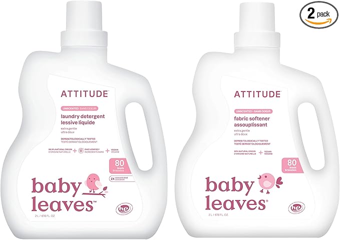 Bundle of ATTITUDE Baby Liquid Laundry Detergent and Fabric Softener, Plant and Mineral-Based Ingredients, HE Compatible, Vegan Household Products, Unscented, 80 Loads, 67.6 Fl Oz