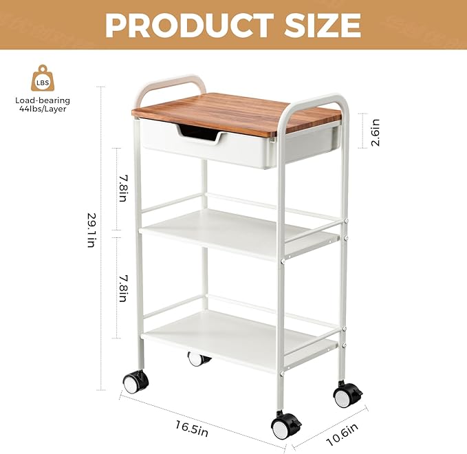 3 Tier Rolling Cart with Drawer, Metal Rolling Storage Cart with Table Top, Modern Utility Cart on Wheels Kitchen Cart Storage Organizer for Bathroom Office Living Room, White