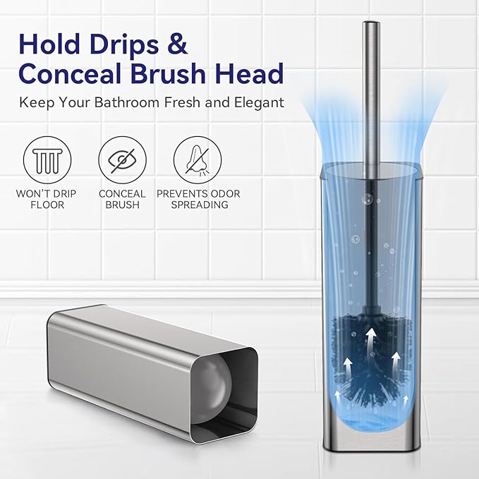 DOWRY Stainless Steel Toilet Bowl Brush and Holder for Bathroom Storage Organization Deep Cleaning Covered Brush Cleaner,Nickel Square 2PCS