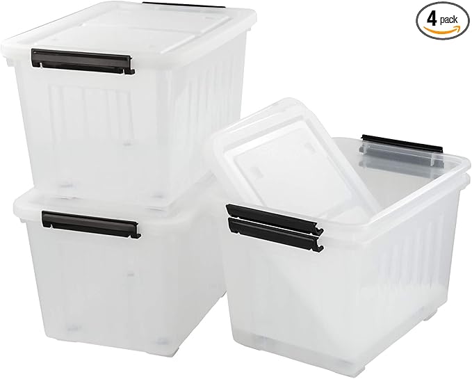Bringer 4-Pack Large Clear Plastic Storage Box with Lid, 50 L Wheeled Clear Storage Boxes