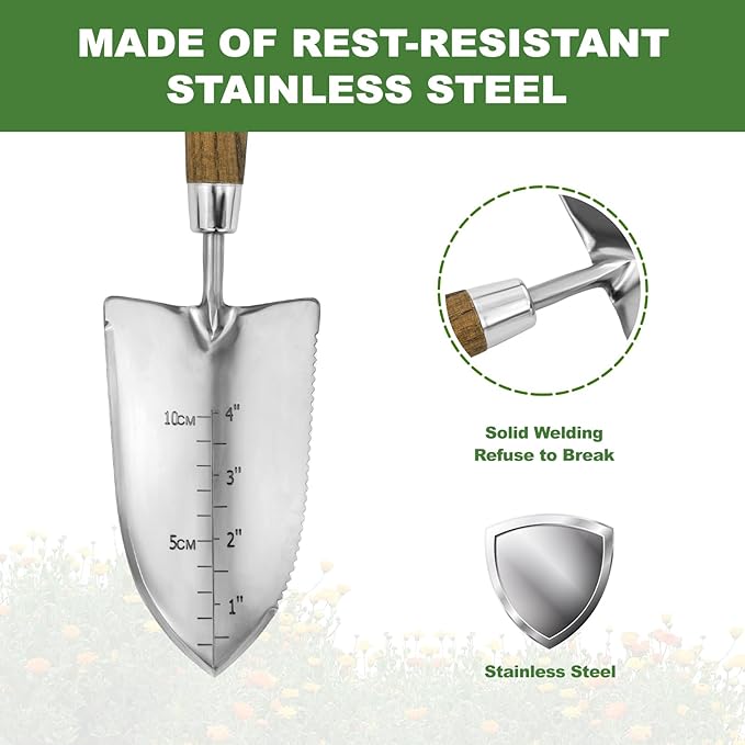 Haliaeetus Garden Trowel with Serrated Edge, 4'' Depth Marks Planting Shovel, V-Shaped Sharp Edge Garden Tool, Stainless Steel with Comfortable Wood Handle for Planting and Weeding