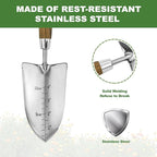 Haliaeetus Garden Trowel with Serrated Edge, 4'' Depth Marks Planting Shovel, V-Shaped Sharp Edge Garden Tool, Stainless Steel with Comfortable Wood Handle for Planting and Weeding