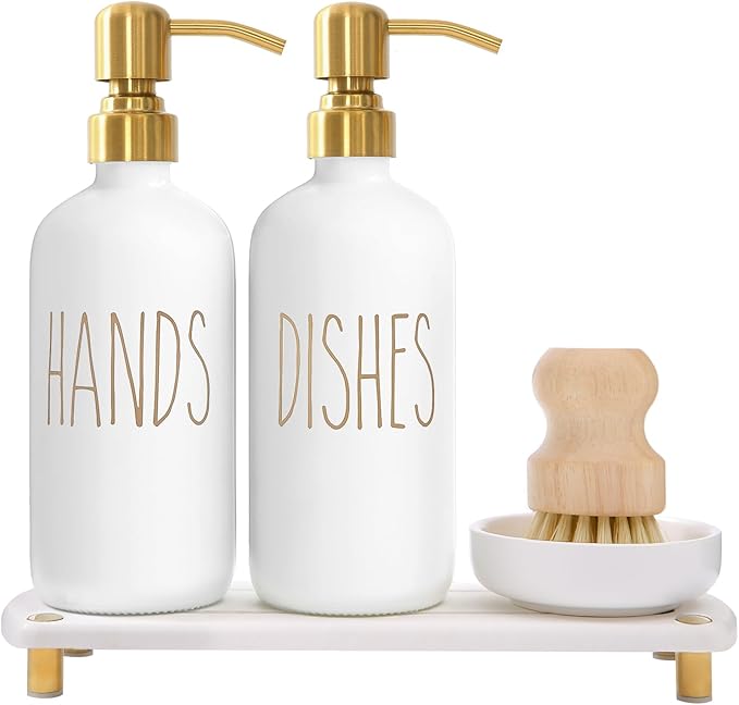 MOMEEMO Gold Soap Dispenser Set Comes with Stainless Steel Pumps, Instant Dry Tray, and Dish Scrub Brush, Suitable for Kitchen Decor and Accessories. (Gold)