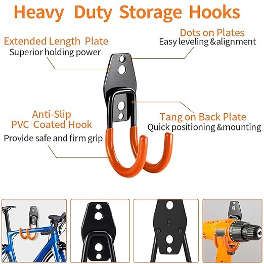 3-H Heavy Duty Garage Hooks 10 Pack, Garage Wall Hooks with Extra Welding Spots,Wall Mount Storage Organizer for Hanging Garden Lawn Tools, Chair, Shovel, Blower (Orange)