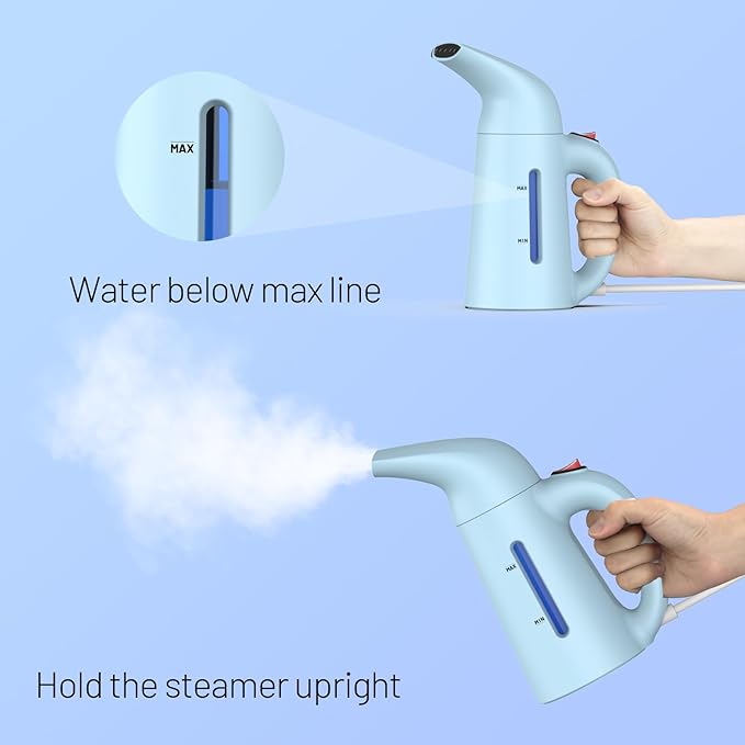 Handheld Garment Steamer for Clothes, Portable Clothes Steamer Remove Wrinkle, 180ml Water Tank, 12 minutes Continuous Steam, 2.3 meter Cord, Ideal for ALL Fabrics, One button Design (Blue)