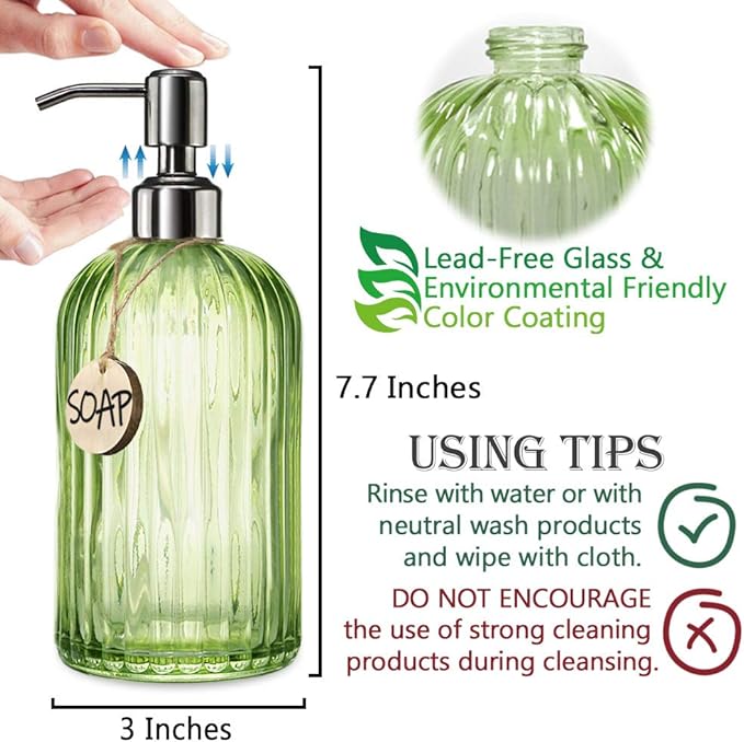 JASAI 18 Oz Vertical Striped Green Soap Dispenser with 304 Rust Proof Stainless Steel Pump, Refillable Lotion Soap Dispenser for Bathroom, Kitchen, Hand Soap, Dish Soap (Clear Green)