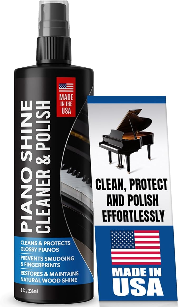 Piano Shine Polish & Cleaner - Clean, Polish, Wax & Protect Glossy Pianos & Surfaces - Made in USA - 8 oz Cleaning Solution with Added UV Protectant & Anti-Static - Prevents Dust & Smudges