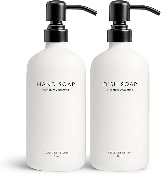 Vine Creations White Glass Soap Dispenser Set, Dish Soap and Hand Soap Dispenser Set with Stainless Steel Pump, 16 oz Glass Dispensers for Kitchen or Bathroom Decor (Matte White Bottle/Matte Black)