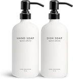 Vine Creations White Glass Soap Dispenser Set, Dish Soap and Hand Soap Dispenser Set with Stainless Steel Pump, 16 oz Glass Dispensers for Kitchen or Bathroom Decor (Matte White Bottle/Matte Black)