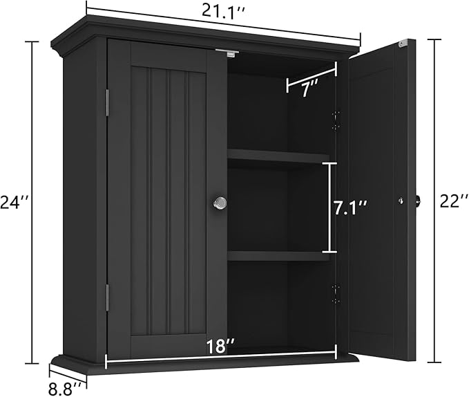 ChooChoo Bathroom Wall Cabinet Set of 2, Over The Toilet Space Saver Storage Cabinet, Medicine Cabinet with 2 Door and Adjustable Shelves, Cupboard, Black