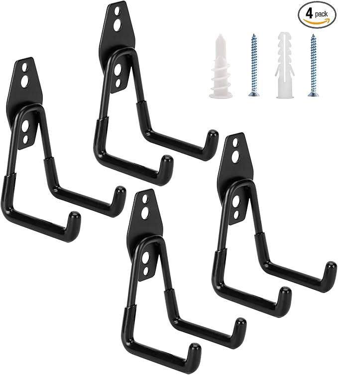 4 Pack Garage Hooks Heavy Duty - Supports 100 lbs, Utility Steel Garage Hanger & Organizer for Organizing Garden Lawn Tools, Ladders, Garden Hose, Digging Shovel, Bikes, Ropes