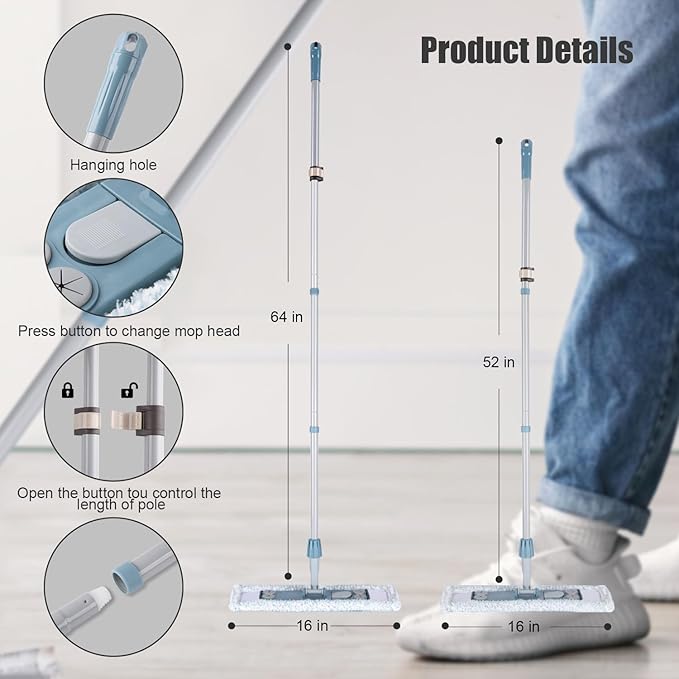 Dust Mop for Floor Cleaning,Magnetic Floor Flat Mop with 2 Washable Pads -Extendable 64‘’ Iron Handle for Hardwood Tile Marble Laminate Floors,Blue&Gray