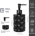 12Oz Small Glass Soap Dispenser with Black Plastic Pump, Black Refillable Kitchen Countertop Liquid Hand Soap Dispensers with Diamond Design, Crystal Bathroom Lotion Bottle for Dispense Dish Soap