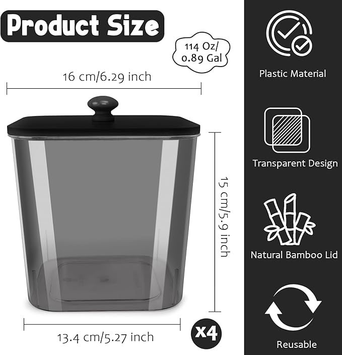 4 Pack Laundry Pods Container & Powder Detergent Jars Set, Laundry Room Organization and Storage, Black Plastic Laundry pod holder with Lids, Scoops & Labels for scent booster, Dryer Balls, Beads