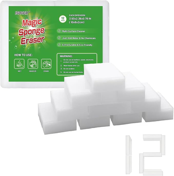 Magic Melamine Sponge Eraser, 12 Pack Disposable Magic Cleaning Erasers in Bulk, No Scratch & Super Absorbent, Multi-Functional Melamine Foam Sponges for Bathroom Window Shoes Kitchen