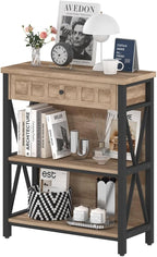 FATORRI Rustic Bookshelf with Drawer, Industrial Wood and Metal Bookcase, Small Short Book Shelf and Low Book case for Small Space (Rustic Oak)