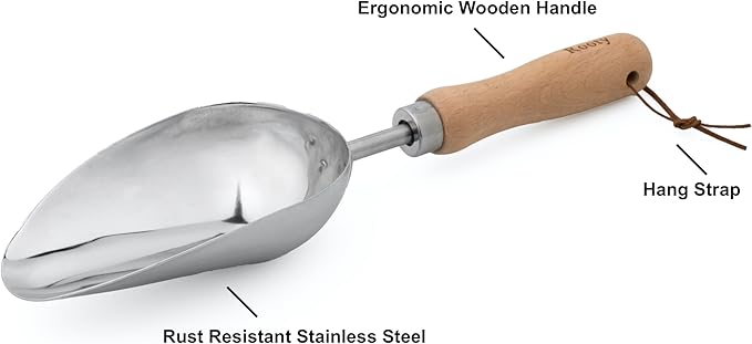 Rooty Gardening Soil Scoop with Stainless Steel,Wooden Handle Easy for Transplanting, Digging, Planting, Essential Gardening Tools and Accessories for Gardening Gifts