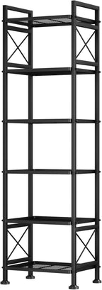 GIOTORENT Pantry Storage Shelves, 6-Tier Metal Storage Rack with X-Shaped Side Frame, Heavy-Duty Wire Shelf for Kitchen, Bathroom, Laundry Room, 120lb/Layer, Black Standing Shelves