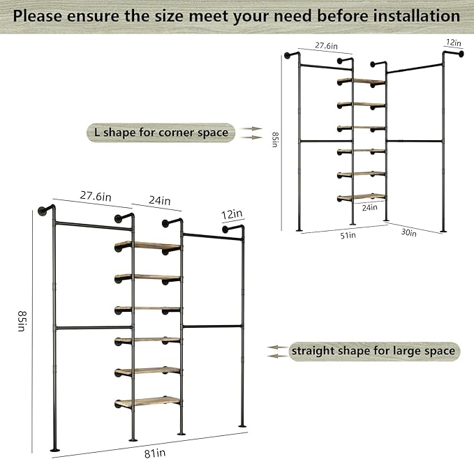 Industrial Pipe Clothes Rack, DÉCOR Wall Mounted Clothing Rack, for Walk-in Wardrobe Multi-Purpose Storage Clothes Hanging Shelf, 2 Installation Methods
