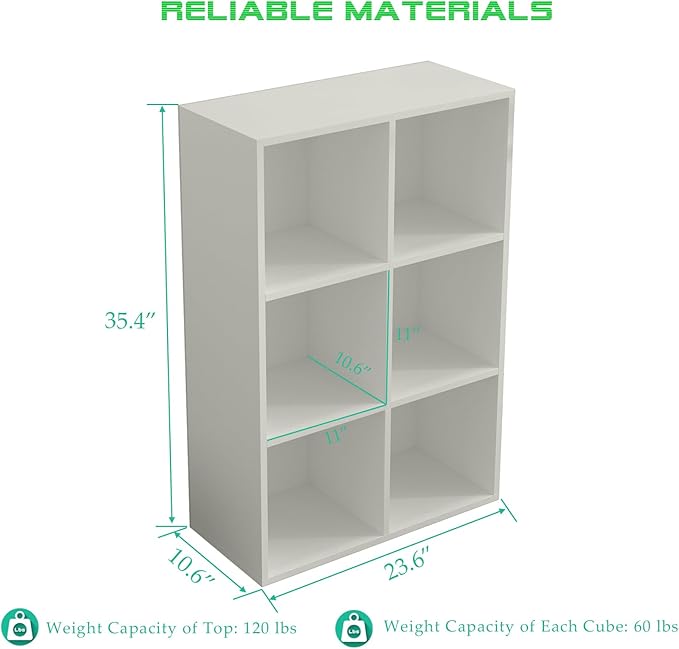 6-Cube Storage Shelf Bookcase - Wooden 3-Tier Floor Standing Open Bookshelf for Home and Office, Display Cabinet, Warm White