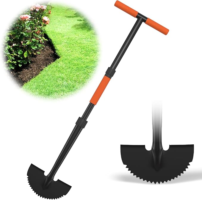 Manual Edger Lawn Tool, 41-inch Lawn Edger with Saw Tooth Blade, Half Moon Hand Edger with Metal Shaft, T-Grip Handle, Heavy Duty Garden Edger Tool for Sidewalk, Grass, Yard, Landscape