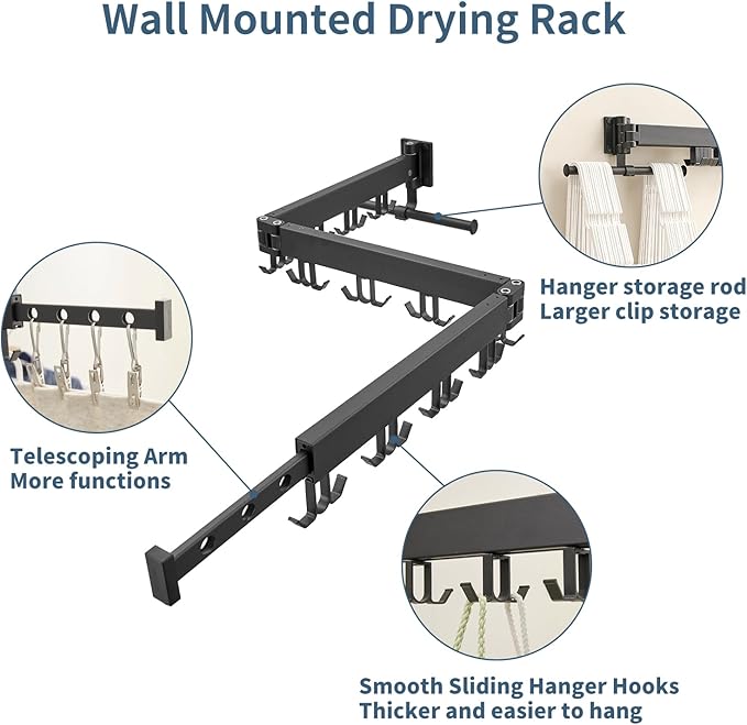 JOOM Clothes Drying Rack Wall Mounted,Folding Clothes Drying Rack,Retractable,Collapsible(Tri-Fold,Upgrade Hook),Wall Mounted Drying Rack for Laundry Balcony Bathroom (Black)