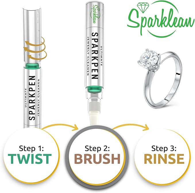SPARKLEAN PREMIUM JEWELRY CLEANER PEN | Cleans Diamond Rings, Silver, Gold, and Metal | Includes a Brush and Specialized Jewelry Cleaning Solution | 400 Uses per Unit | 4 Milliliters