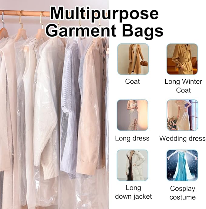 BEISHIDA 20PCS 60 Inch Plastic Garment Bag-Plastic Clear Dry Cleaner Laundry Bags for Clothes Cover, Hanging Clothes Storage for Long Dresses Skirt Coat Suit Shirt Jacket