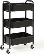 SunnyPoint 3-Tier Delicate Compact Rolling Metal Storage Organizer - Mobile Utility Cart Kitchen/Under Desk Cart with Caster Wheels - BLK (15.35" X 10.24" X 26.8"H)