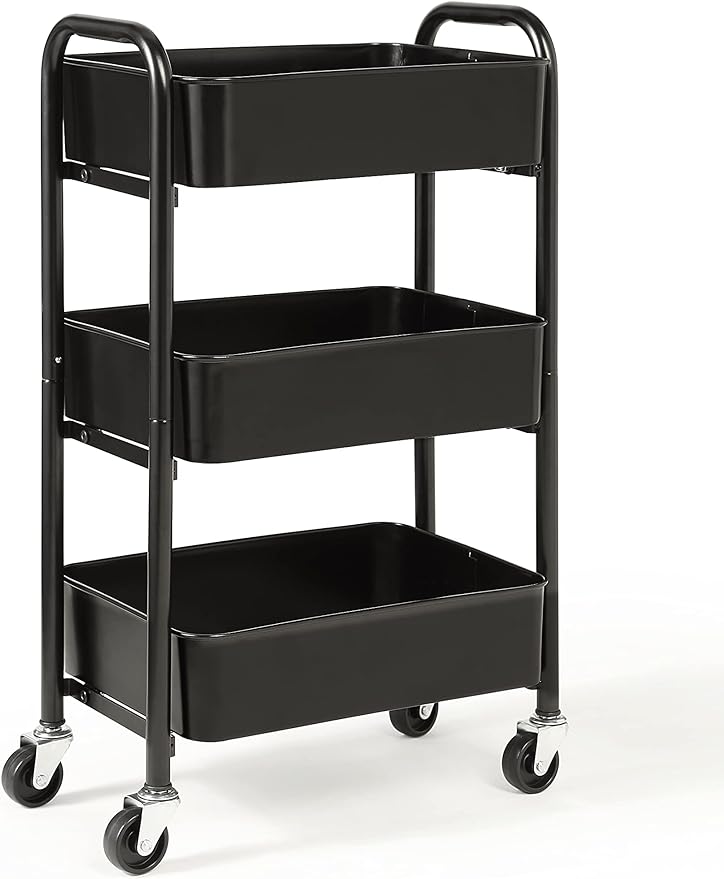 SunnyPoint 3-Tier Delicate Compact Rolling Metal Storage Organizer - Mobile Utility Cart Kitchen/Under Desk Cart with Caster Wheels - BLK (15.35" X 10.24" X 26.8"H)