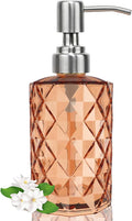 12Oz Amber Glass Soap Dispenser with Stainless Steel Pump, Refillable Kitchen Liquid Hand Soap Dispenser with Diamond Design, for Dispense Hand soap, Dish Soap, Lotion, Bathroom, Countertop, Hotel