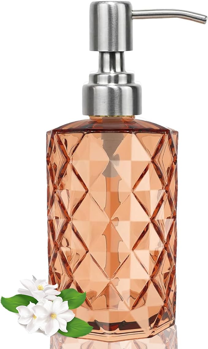 12Oz Amber Glass Soap Dispenser with Stainless Steel Pump, Refillable Kitchen Liquid Hand Soap Dispenser with Diamond Design, for Dispense Hand soap, Dish Soap, Lotion, Bathroom, Countertop, Hotel
