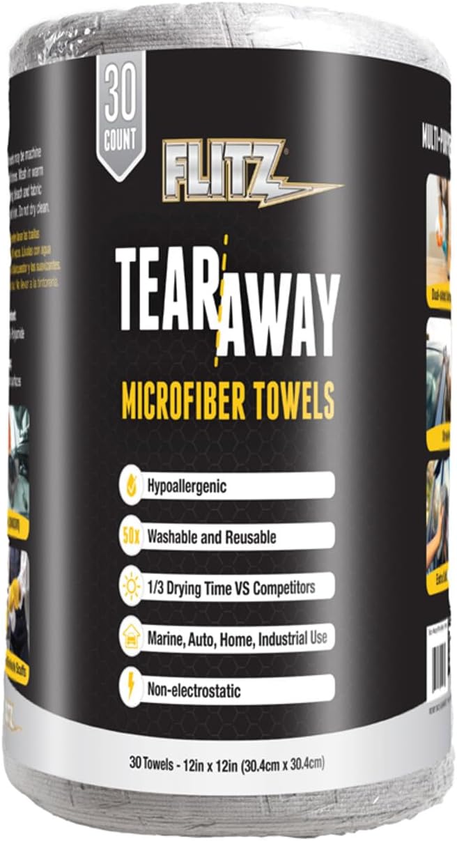 Flitz Tear Away Microfiber Towel Roll (30 Sheets) - USA-Made 12" x 12" Cloth Paper Towels - Reusable & Washable Ultra Absorbent Cleaning Cloth Roll for Cars, Kitchens, Appliances - Grey (1 Pack)