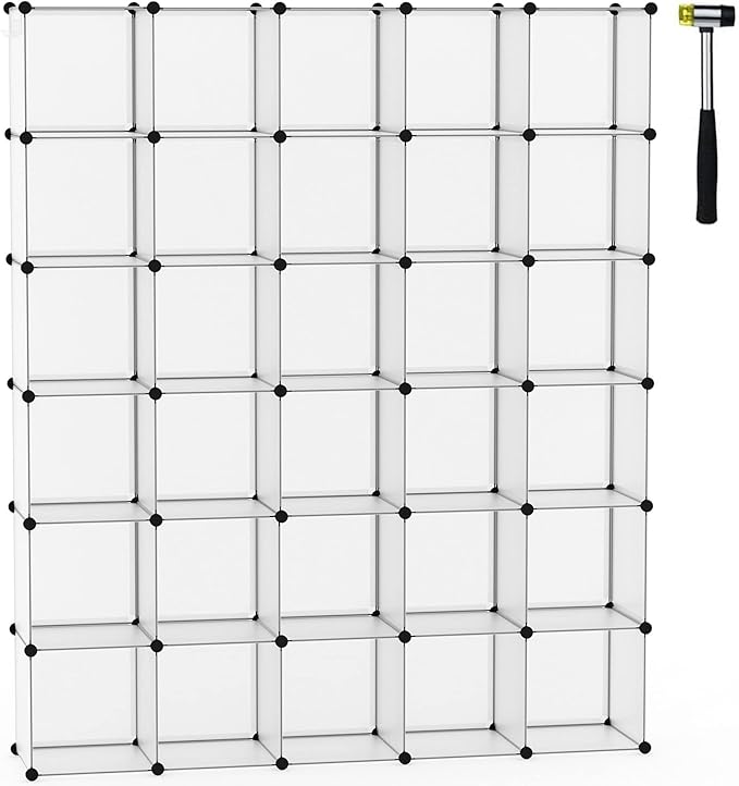 C&AHOME Cube Storage Organizer, 30-Cube Shelves Units, Closet Cabinet, DIY Plastic Modular Book Shelf, Ideal for Bedroom, Living Room, Office, 60.6" L x 12.4" W x 72.6" H Transparent White UPCS30W