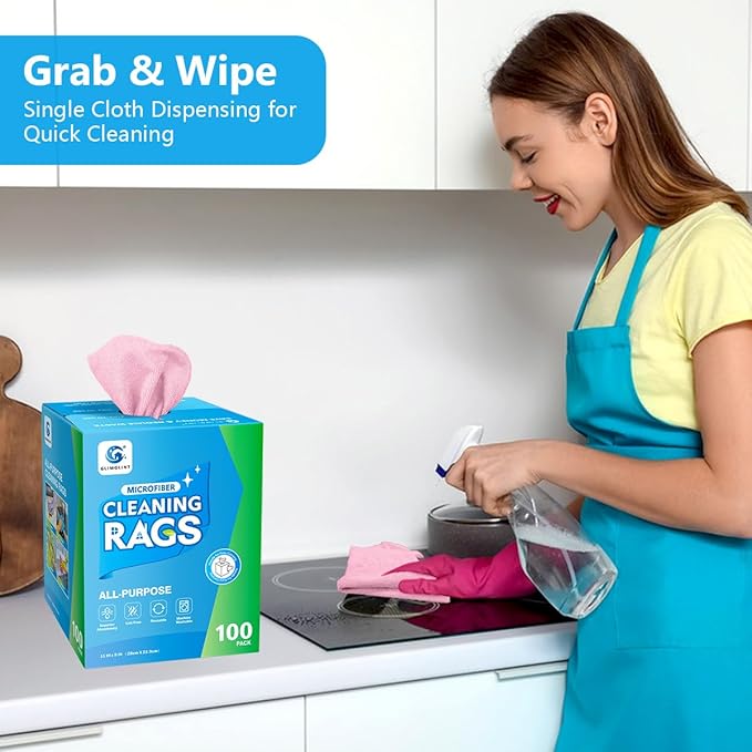 GLIMGLINT Microfiber Cleaning Cloth, 100 Pack Shop Towels, Lint-Free, Ultra Absorbent Reusable or Disposable Microfiber Cloths for Kitchen, Car, Cleaning Rags, 11" x 9", Red