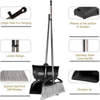 Long Handle Heavy Duty Broom and Dustpan Set, Outdoor and Commercial Upright Dustpan and Brush for Restaurant Garage Garden Yard Office,Black
