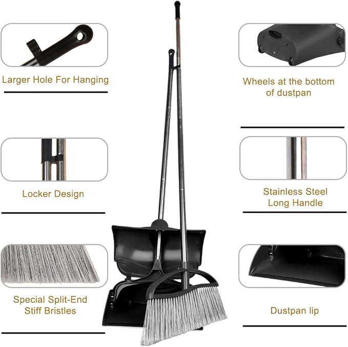 Long Handle Heavy Duty Broom and Dustpan Set, Outdoor and Commercial Upright Dustpan and Brush for Restaurant Garage Garden Yard Office,Black