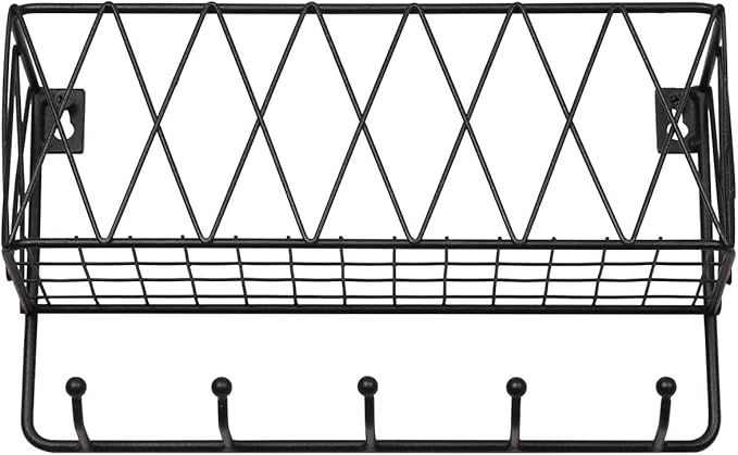 OROPY Mail Holder with Key Hooks, 11in L×3.1in W×6.1in H, Wall Mounted Matte Black Metal Wire Mesh Storage Basket with 5 Hooks, Easy to Organize Letters, Magazines, Keys, Leashes for Entryway
