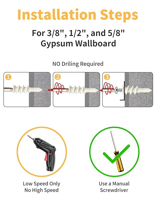 Self Drilling Drywall Anchors and Screws Kit (120PCS, 2 Sizes – #6 & #8) – Heavy Duty Wall Anchors for Curtain Rods,Shelves,Picture Frames – No Pre-Drill,Easy Installation