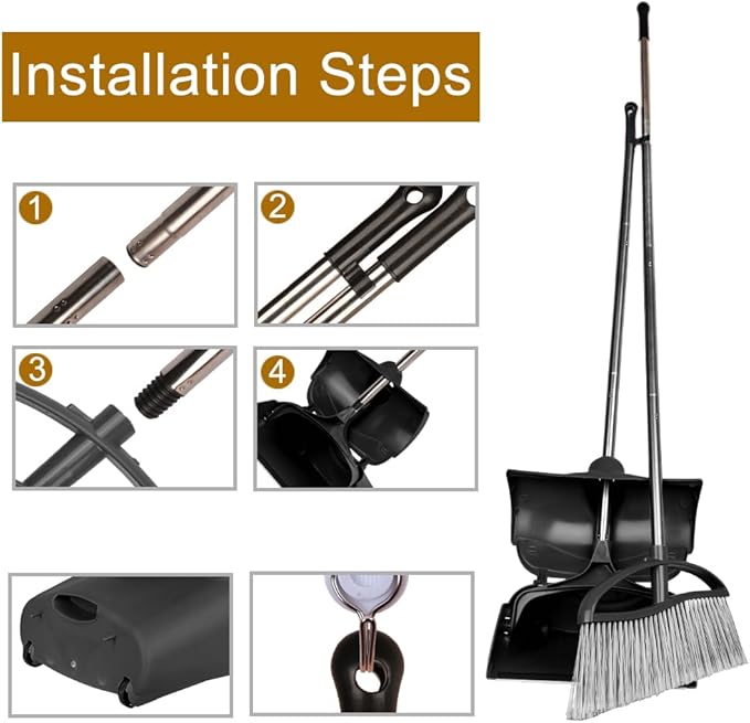 Long Handle Heavy Duty Broom and Dustpan Set, Outdoor and Commercial Upright Dustpan and Brush for Restaurant Garage Garden Yard Office,Black