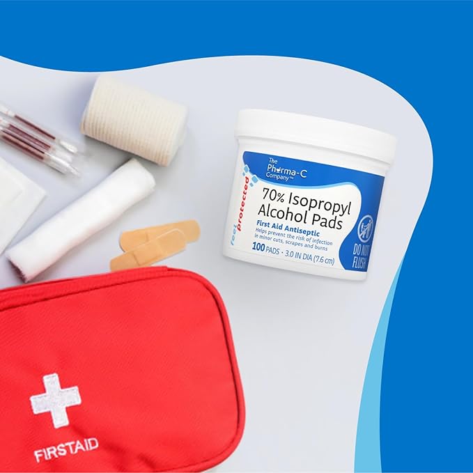 The Pharma-C Company - 70% Isopropyl Alcohol Pads [12-100ct jars]. First Aid - Bulk Antiseptic Wipes - Extra Large Pads - for minor cuts, scrapes and burns.