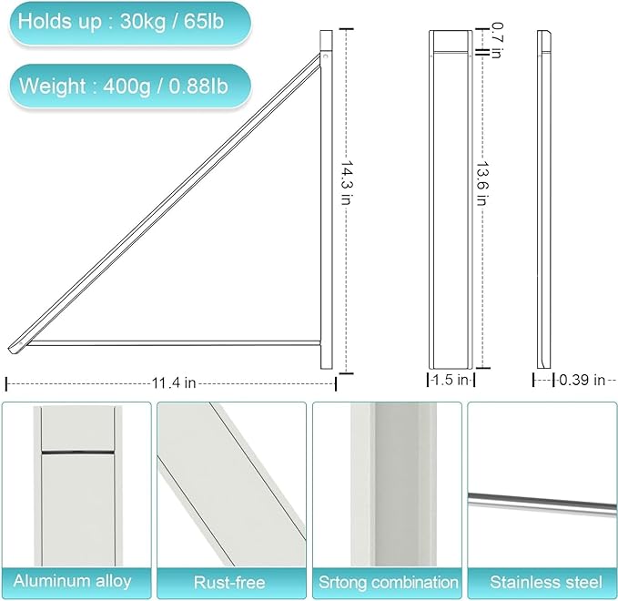 Wall Mounted Drying Rack - No Drill Installation, Space Saving Foldable Clothes Rack for Laundry Room, Dorm, Apartment,RV, Closet. Heavy Duty & Rustproof Aluminum Alloy (White)