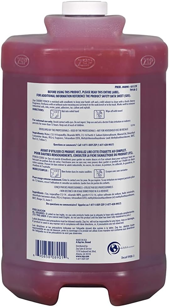 Zep Cherry Punch Industrial Hand Cleaner - 1 Gallon (Case of 4) 89024 - Heavy Duty Clean, Gentle Touch, Non-Abrasive, Waterless